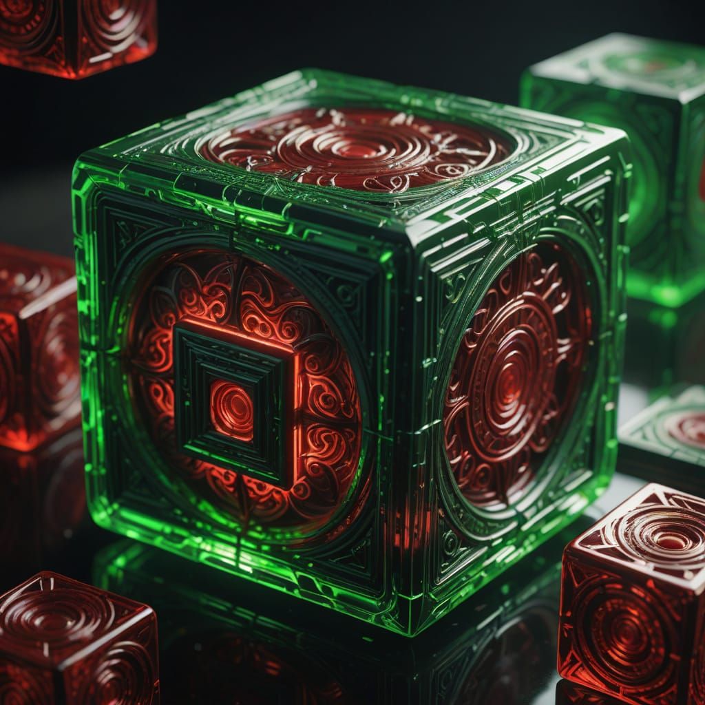 Ethereal Green Cube Infinity with Glowing Red Core