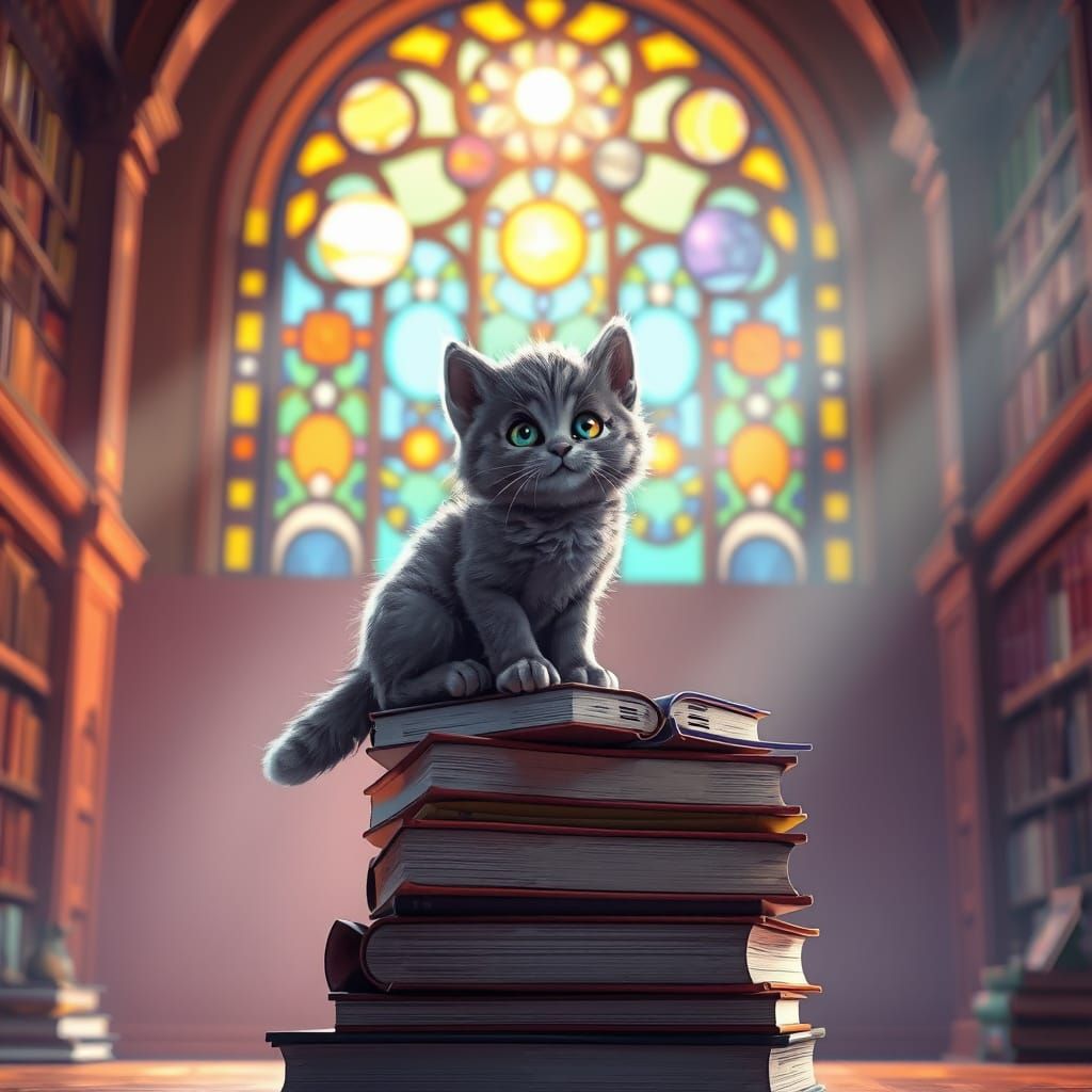Fluffy Kitten in Library Bathed in Sunlight: Disney Concept ...