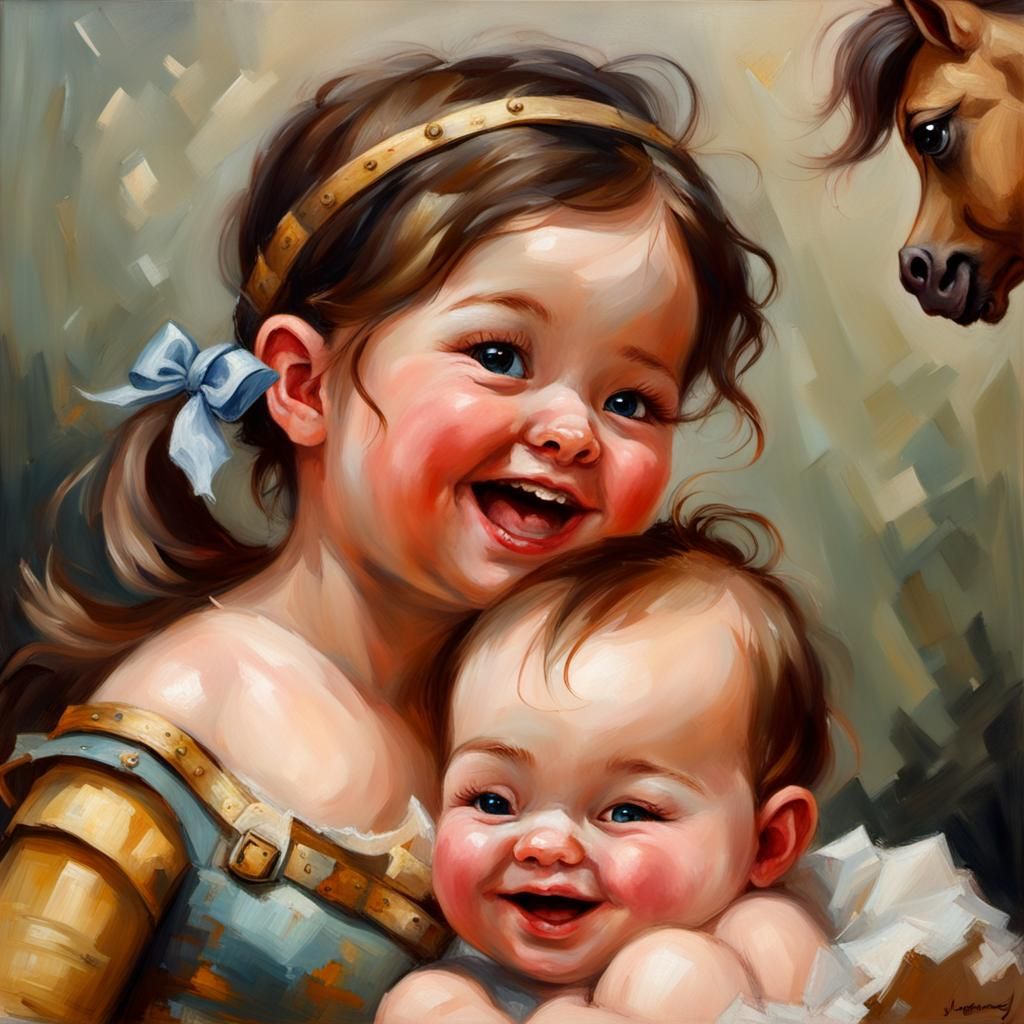 Joyful Chubby Baby Girl in Oil Painting