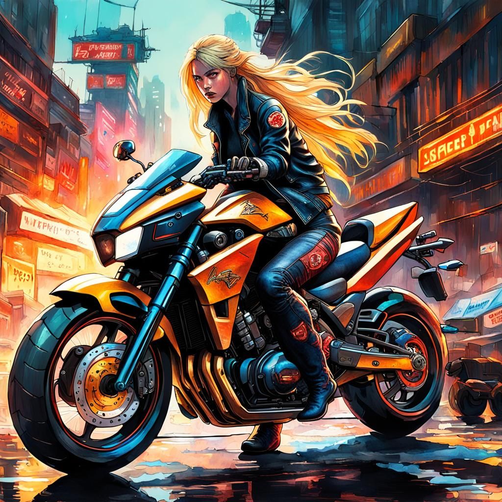 Biker Lady on Golden Motorcycle in Cyberpunk Gotham
