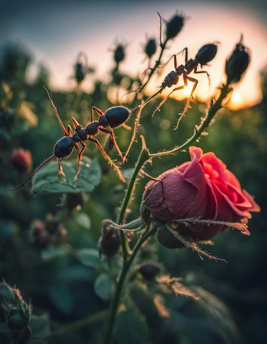 Aphids and Ants on Rose Stem: Cinematic Still