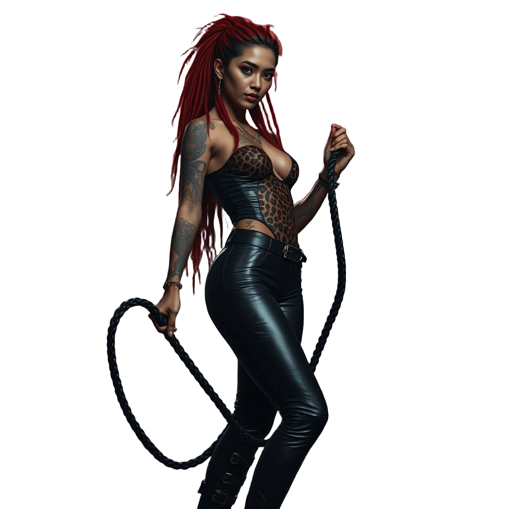 Asian Woman in Cyberpunk Gothic Outfit Holding Whip in Crypt...