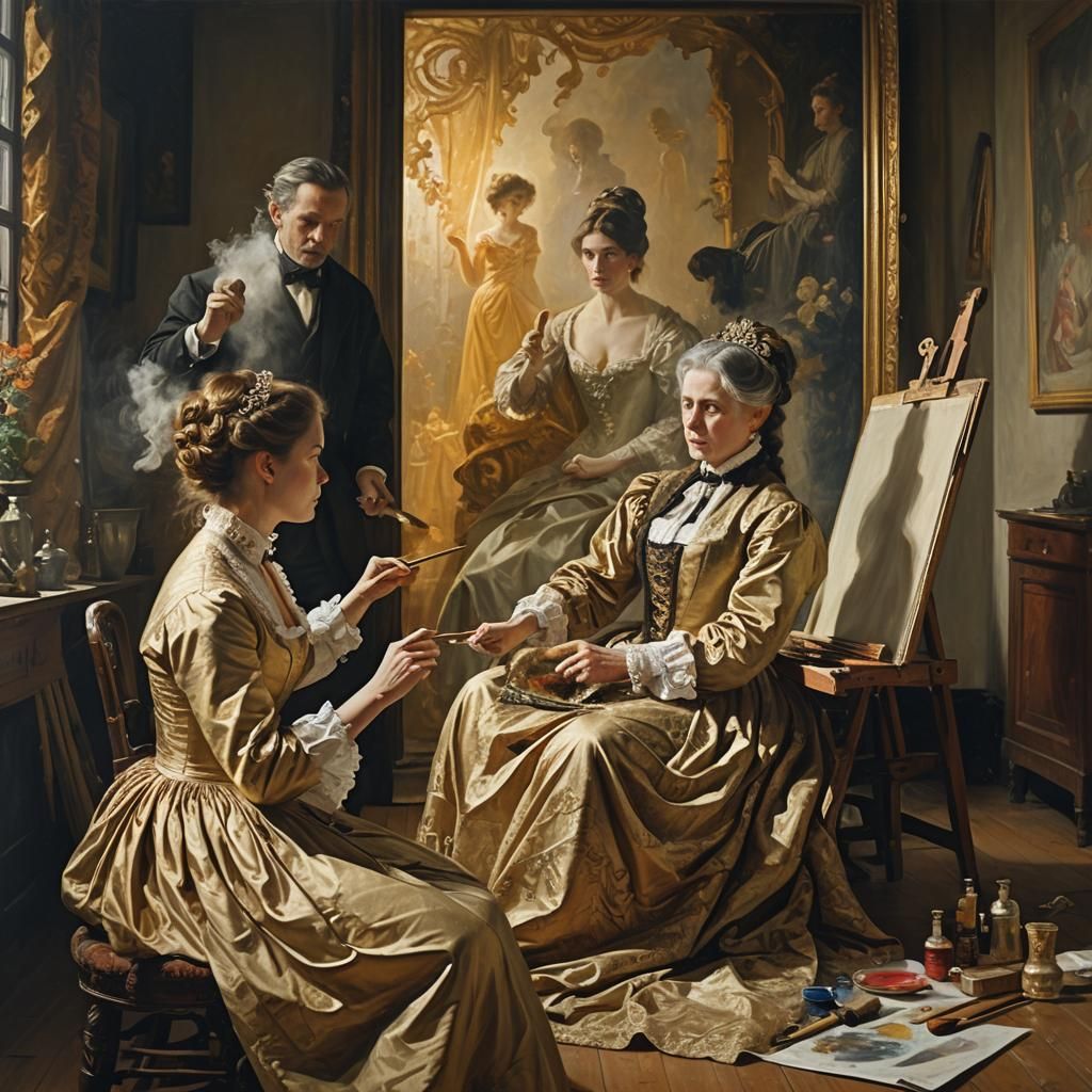 A woman is sitting for a posing session, the painter is pain...