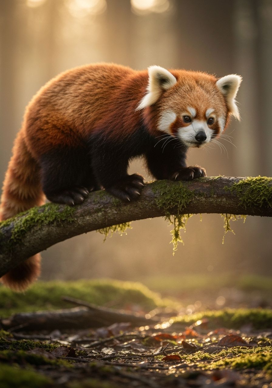 Red Panda on Mossy Branch in Golden Hour Misty Forest