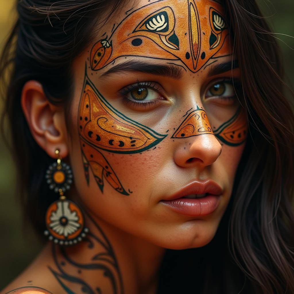 Indigenous Woman's Tattoo: Sacred Symbols in Earth Tones