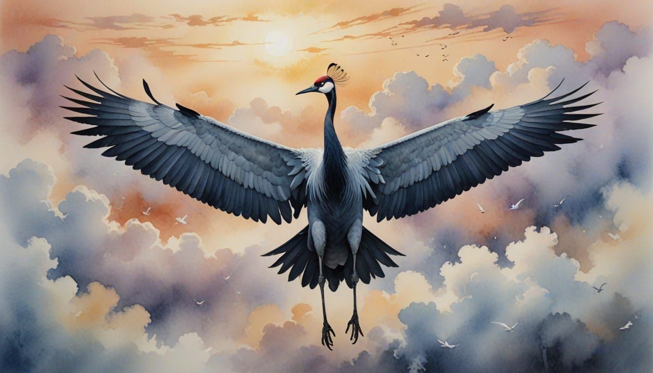 Whimsical Watercolor Crane Takes Flight