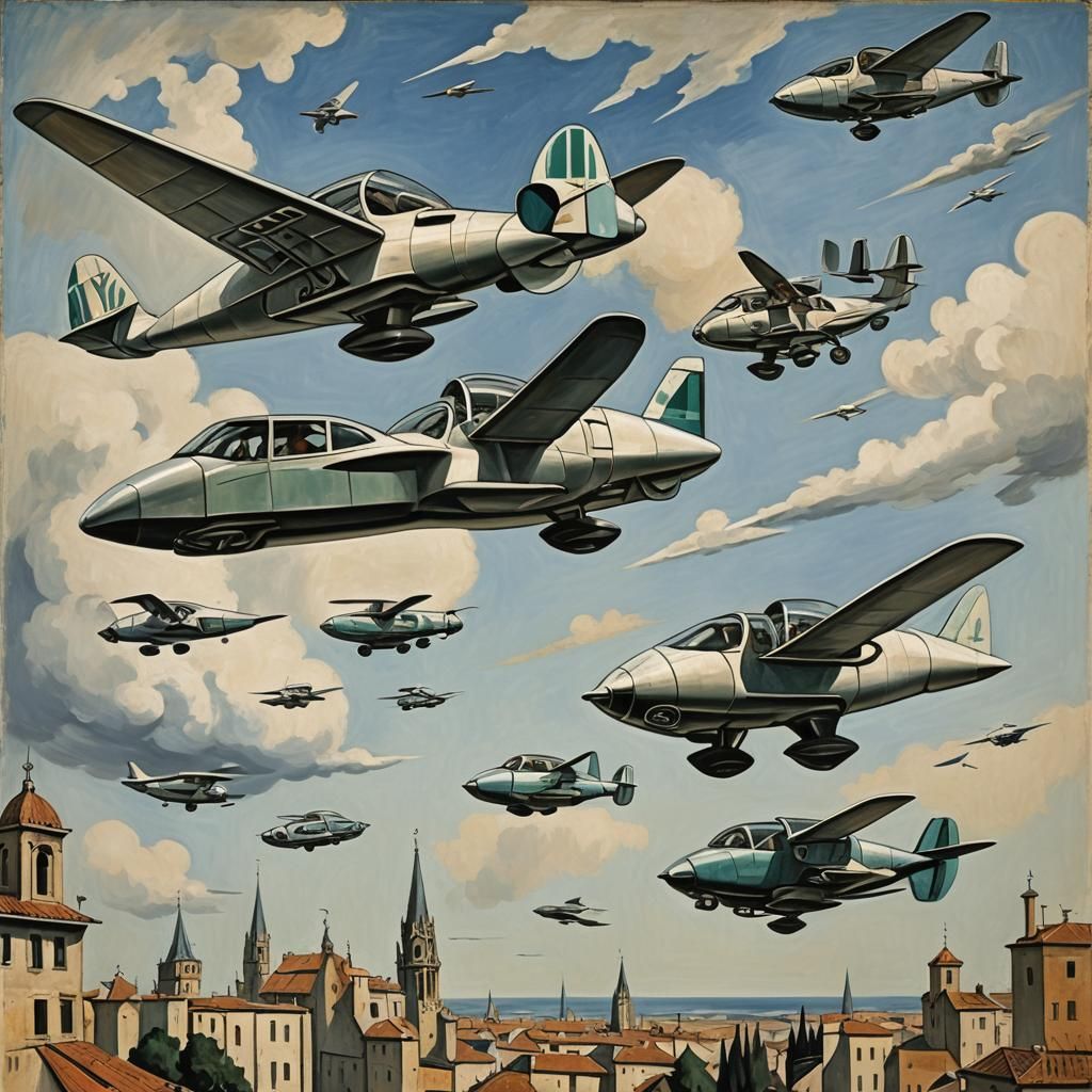 Retrofuturistic Flying Cars in Cubist Style