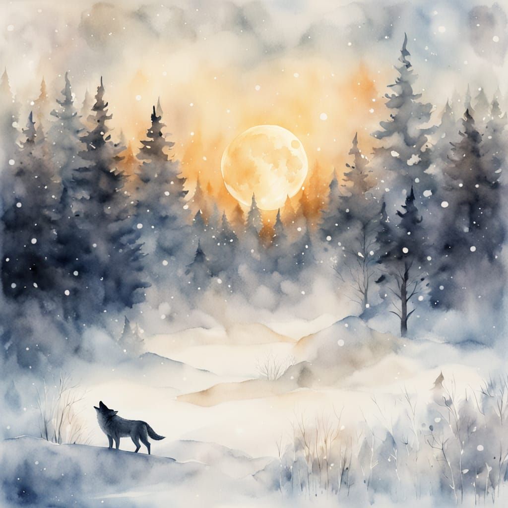 Lone Wolf Howling at Moon in Snowy Forest Watercolor