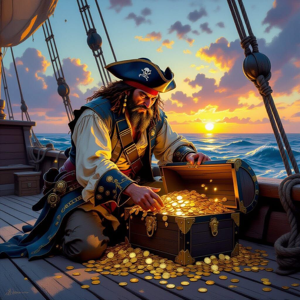 Pirate Captain Opens Barnacle Chest in Golden Sunset Light