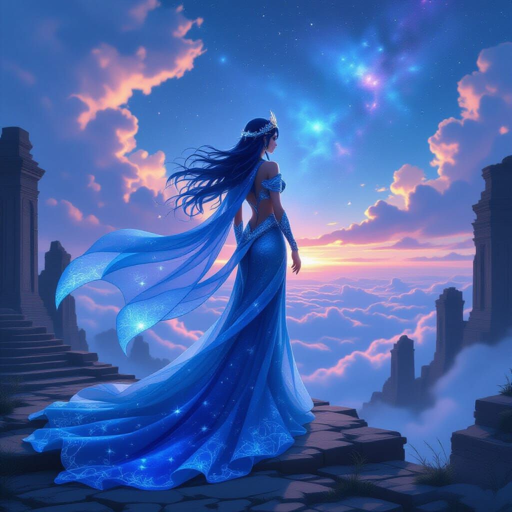 Anime Mermaid Sorceress in Celestial Robes Over Ancient Ruin...