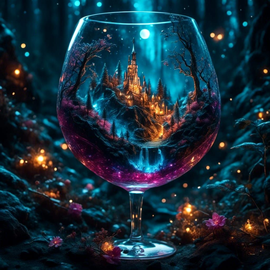 Neon Forest in Wine Glass: Fantasy Concept Art