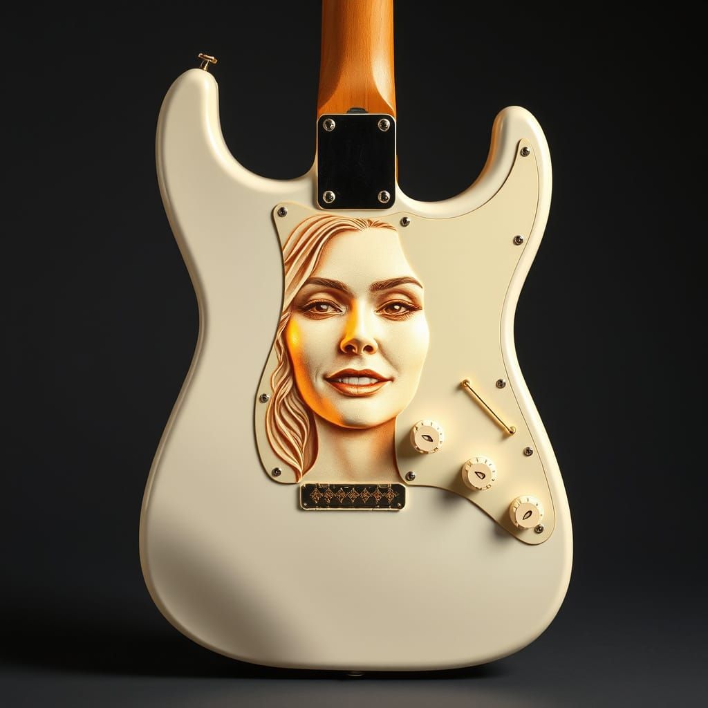 White Fender Stratocaster with Carved Woman's Face