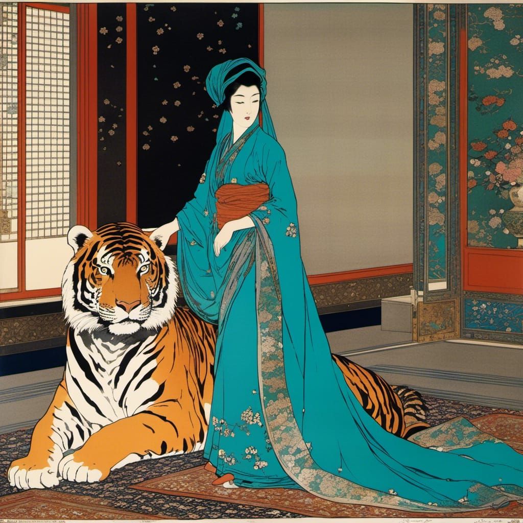 Arabic Woman in Turquoise Gown Beside Tiger