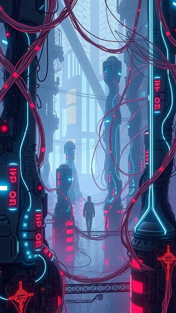 Living Cityscape of Geometric Roots and Glowing Wires