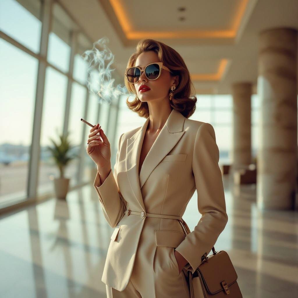 1970s Woman in Airport Lobby, Vintage Style