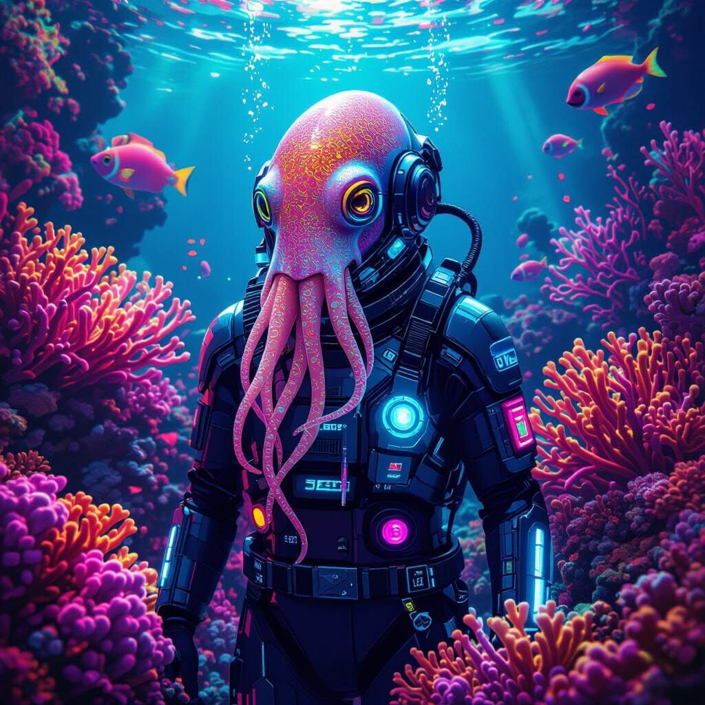 Neon Crypto Squid Noodle Hybrid in Underwater Suit