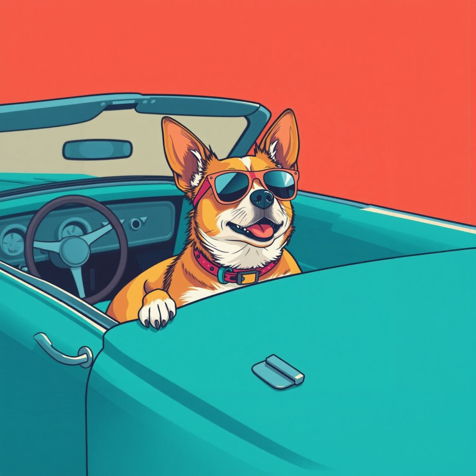 Dog in Convertible Car, Digital Art Style