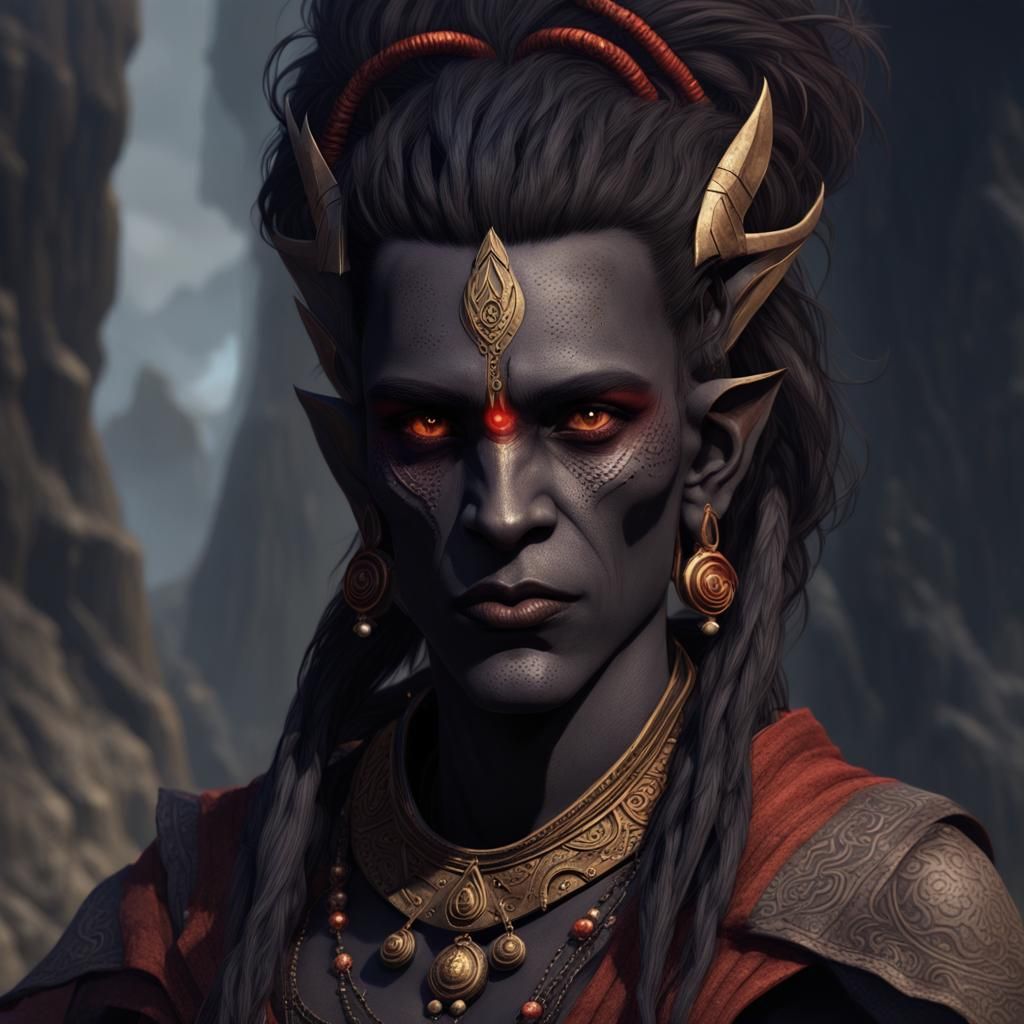 Dunmer Dark Elf Portrait in Aztec Vedic Style