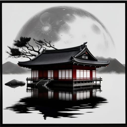 Monochrome Japanese House Under Moon in Sumi-e Style