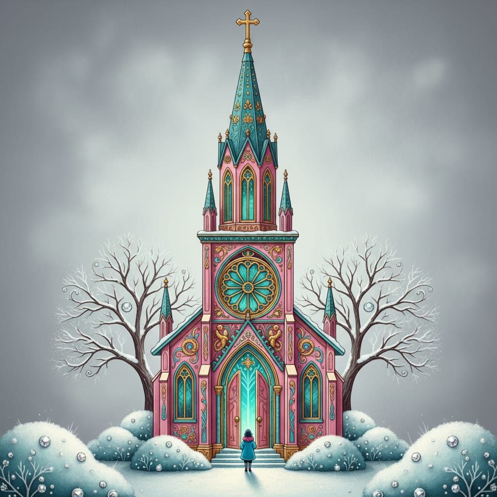 Whimsical Pink Gothic Church Illustration with Gold & Teal A...