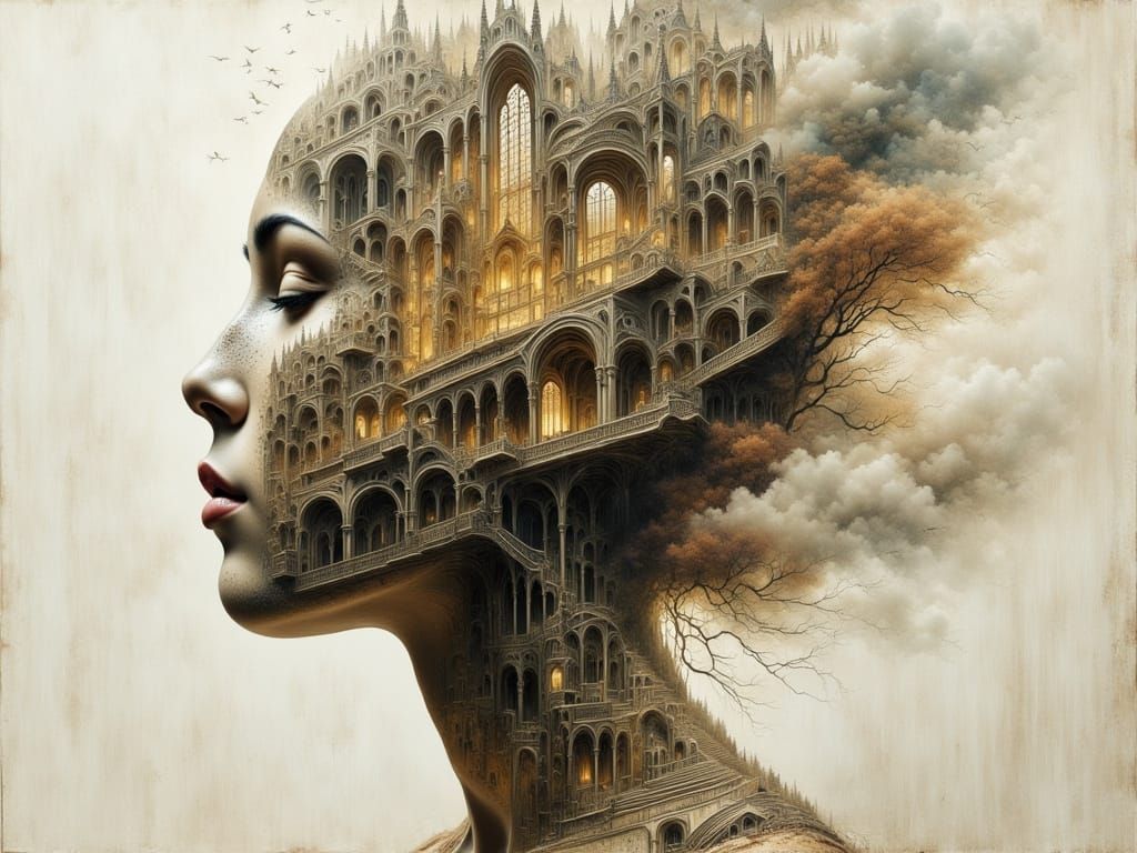 Surreal Portrait of Woman Merging With Architecture