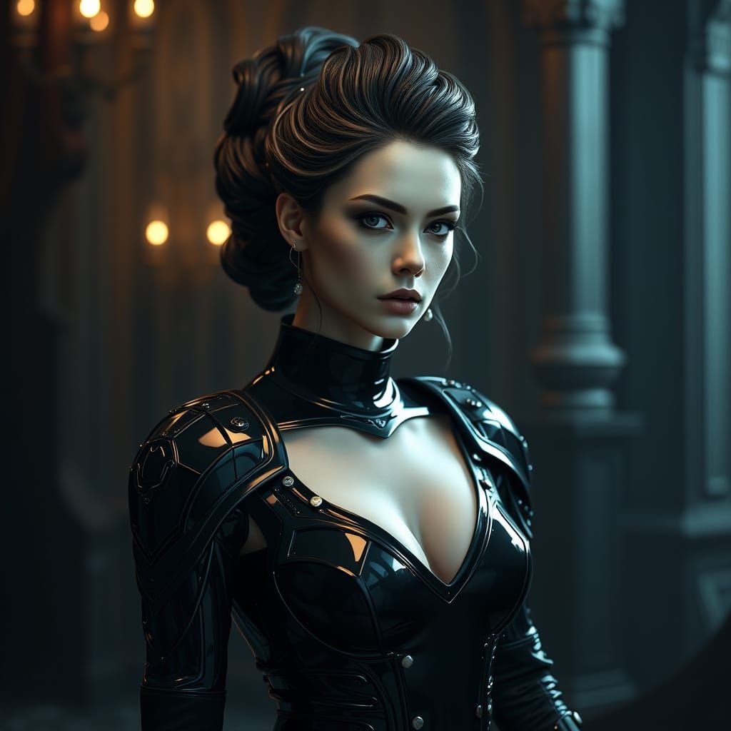 Stunning Woman in Latex Armor, Shining in Onyx-Like Dress