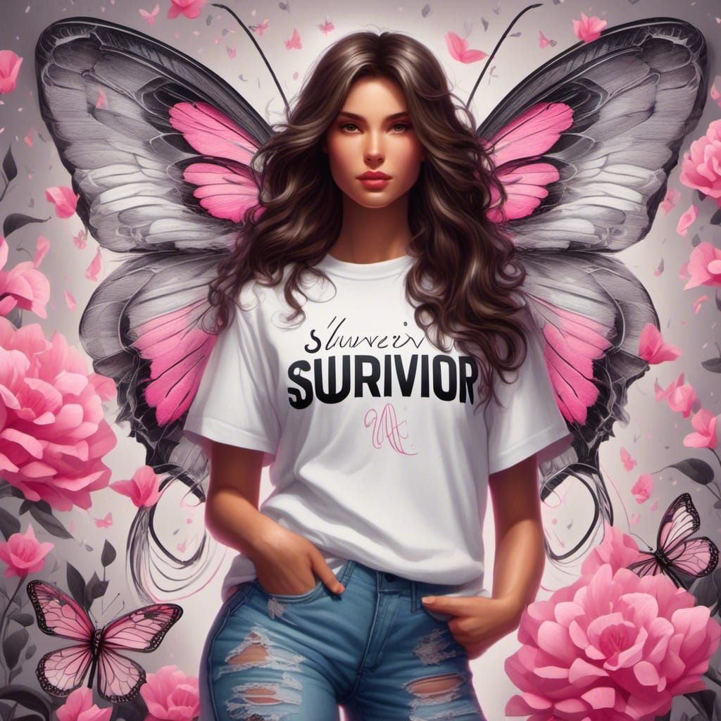 Woman with Survivor Shirt Beside Awareness Ribbon