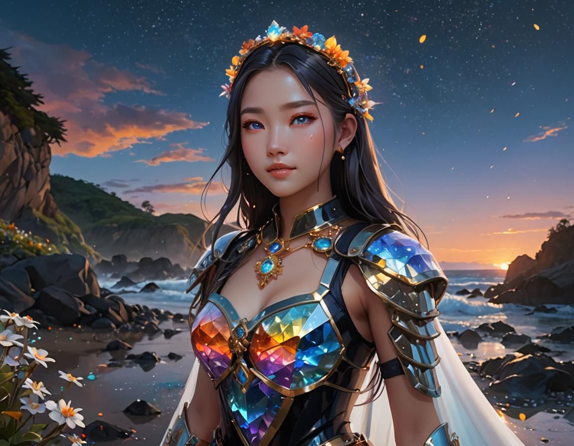 Anime Style Asian Girl on Glass Beach
