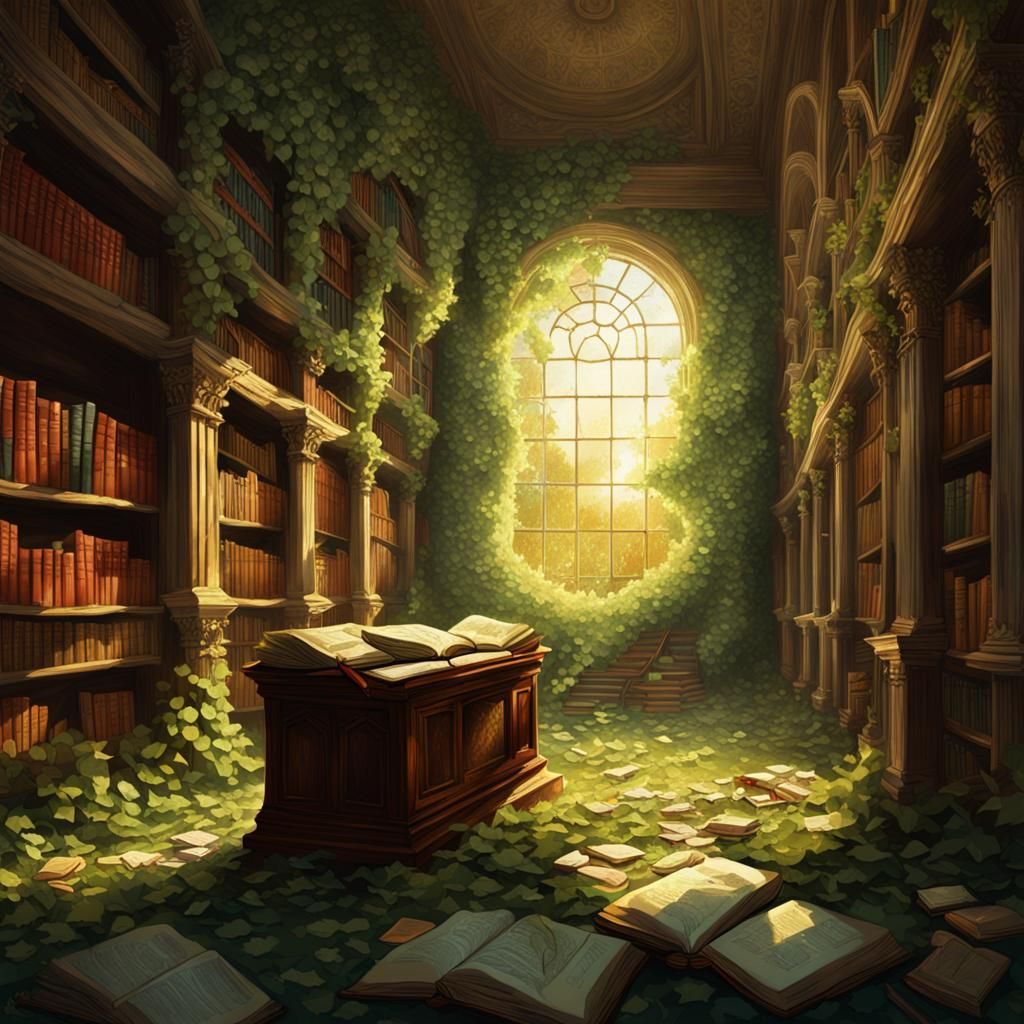 Surreal Overgrown Library: Vines Reclaim Knowledge