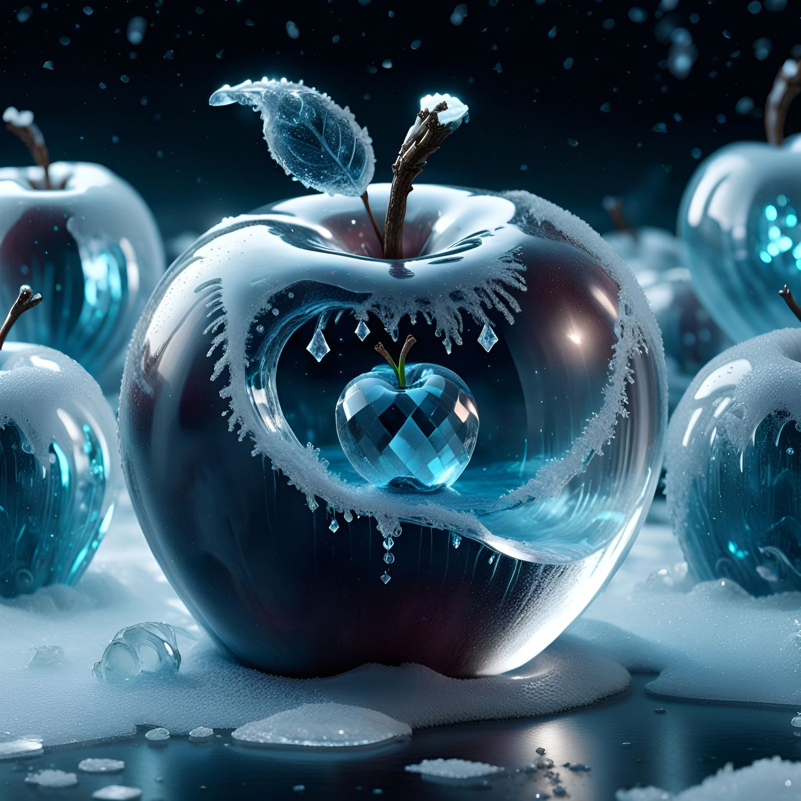 Crystal Apple Bioluminescent in Ice, Photorealistic CGI