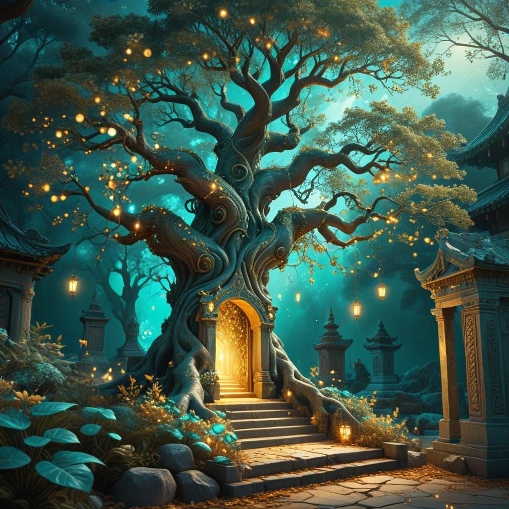 Magical Tree Beside Ancient Shrine in Surreal Digital Art