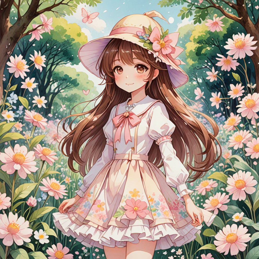 Whimsical Watercolor Anime Girl in Pastel Floral Wonderland