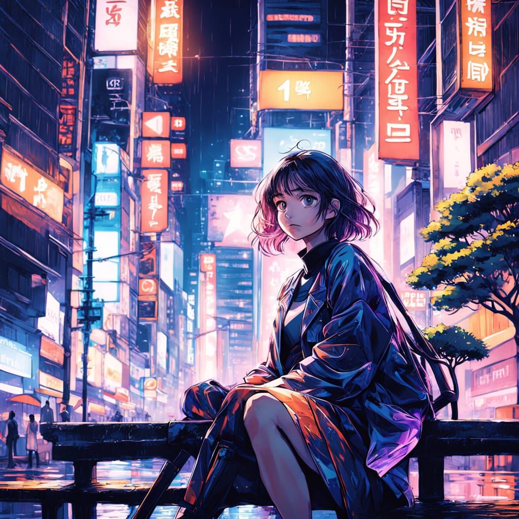 Manga-Inspired Tokyo Night Scene with a Girl on a Tree Branc...