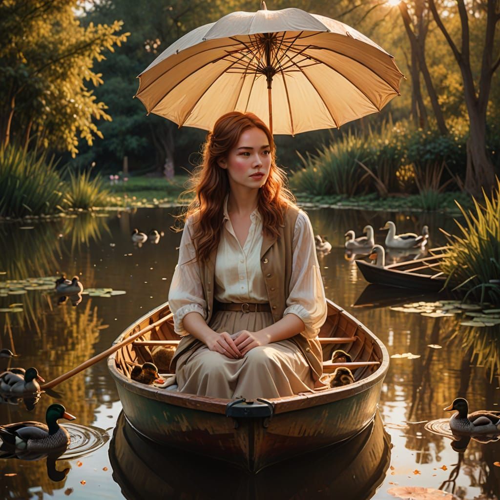 Dreamy Pond Scene with Woman in Boat as Realism Painting