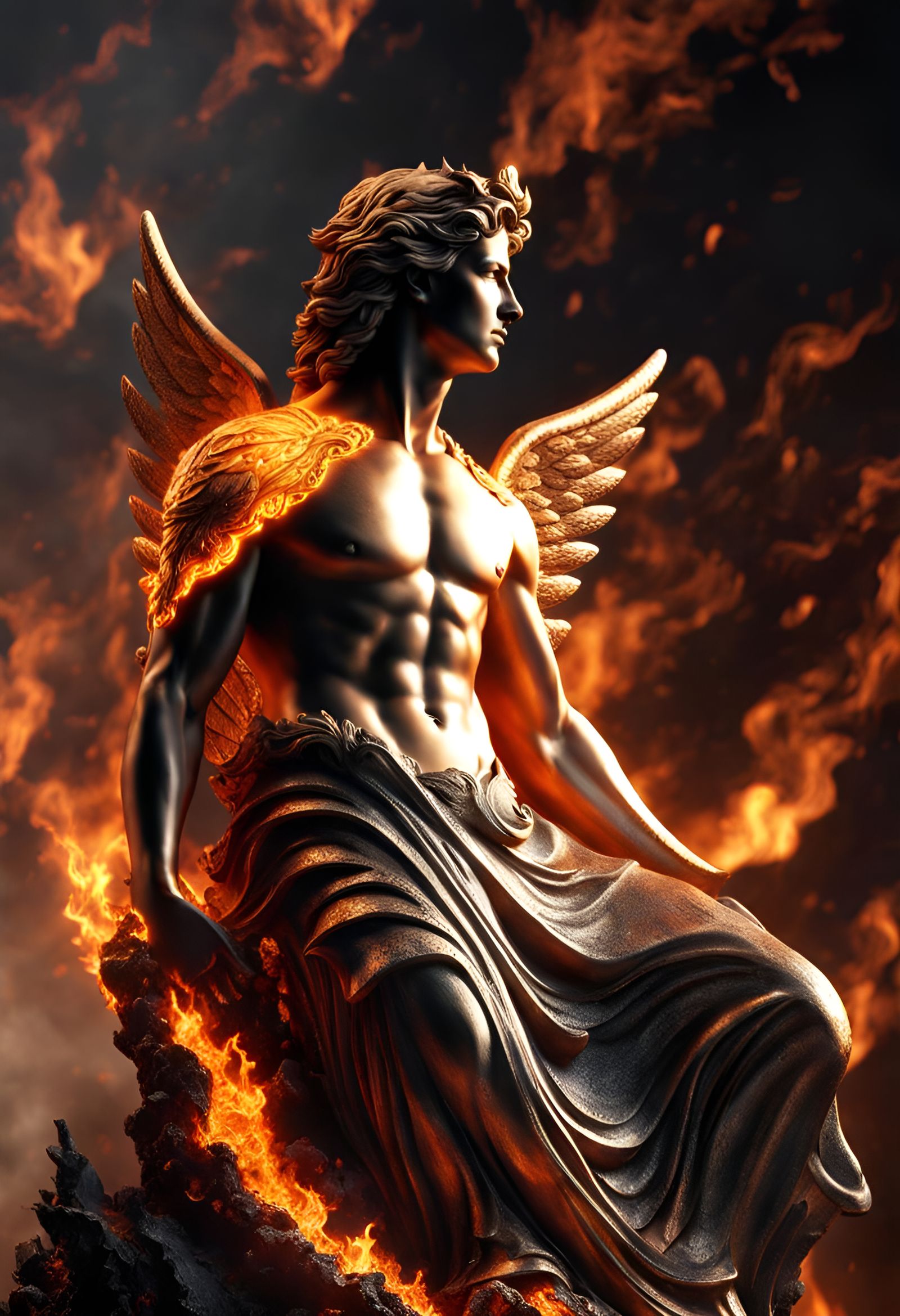 Male Angel Rising from Ashes in Dramatic Lighting