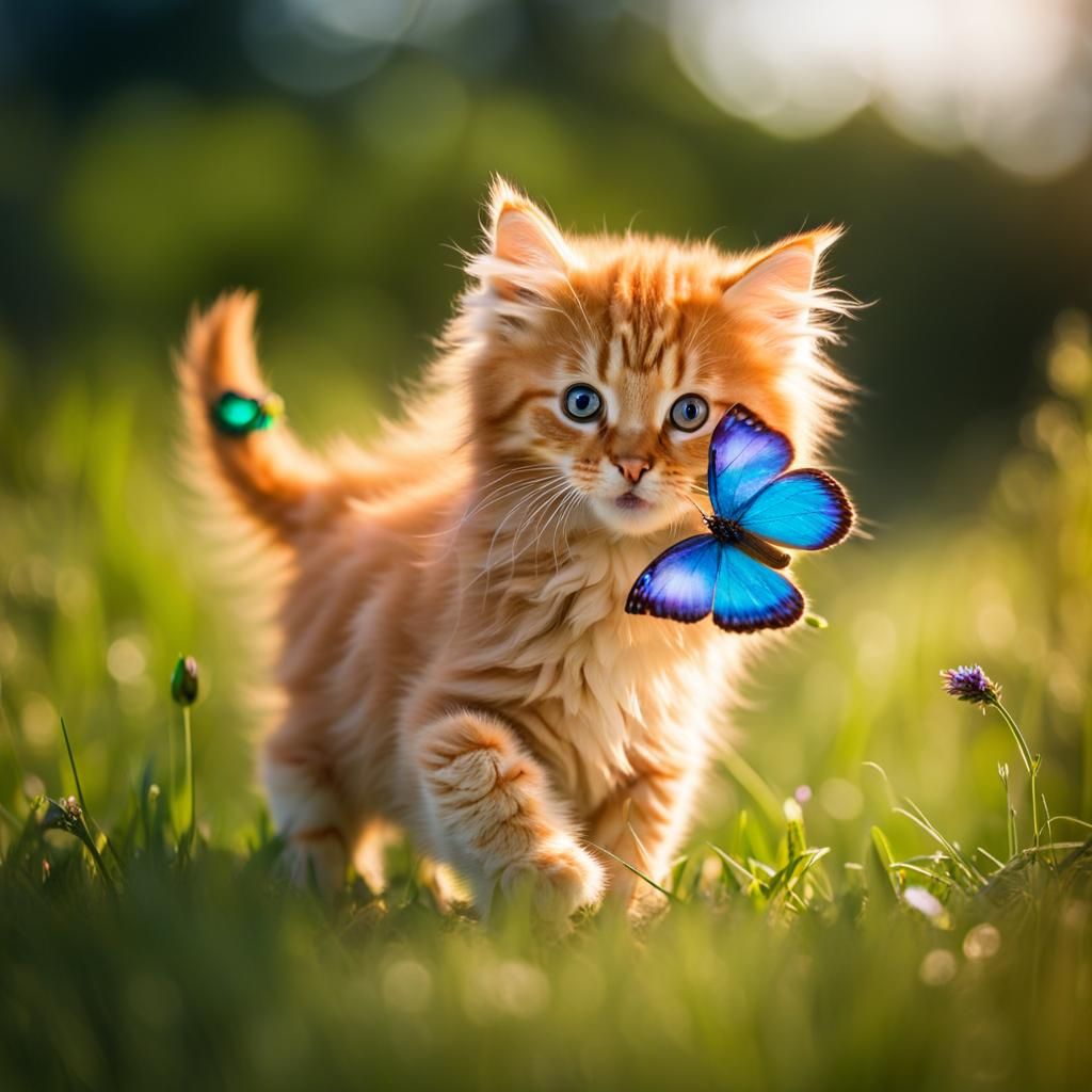 Kitten's Joy: Orange Longhair with Iridescent Butterfly