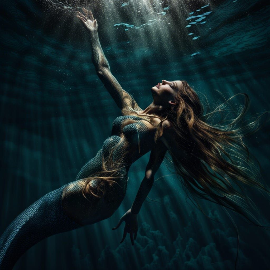 Mysterious Mermaid Ascending in Deep Water