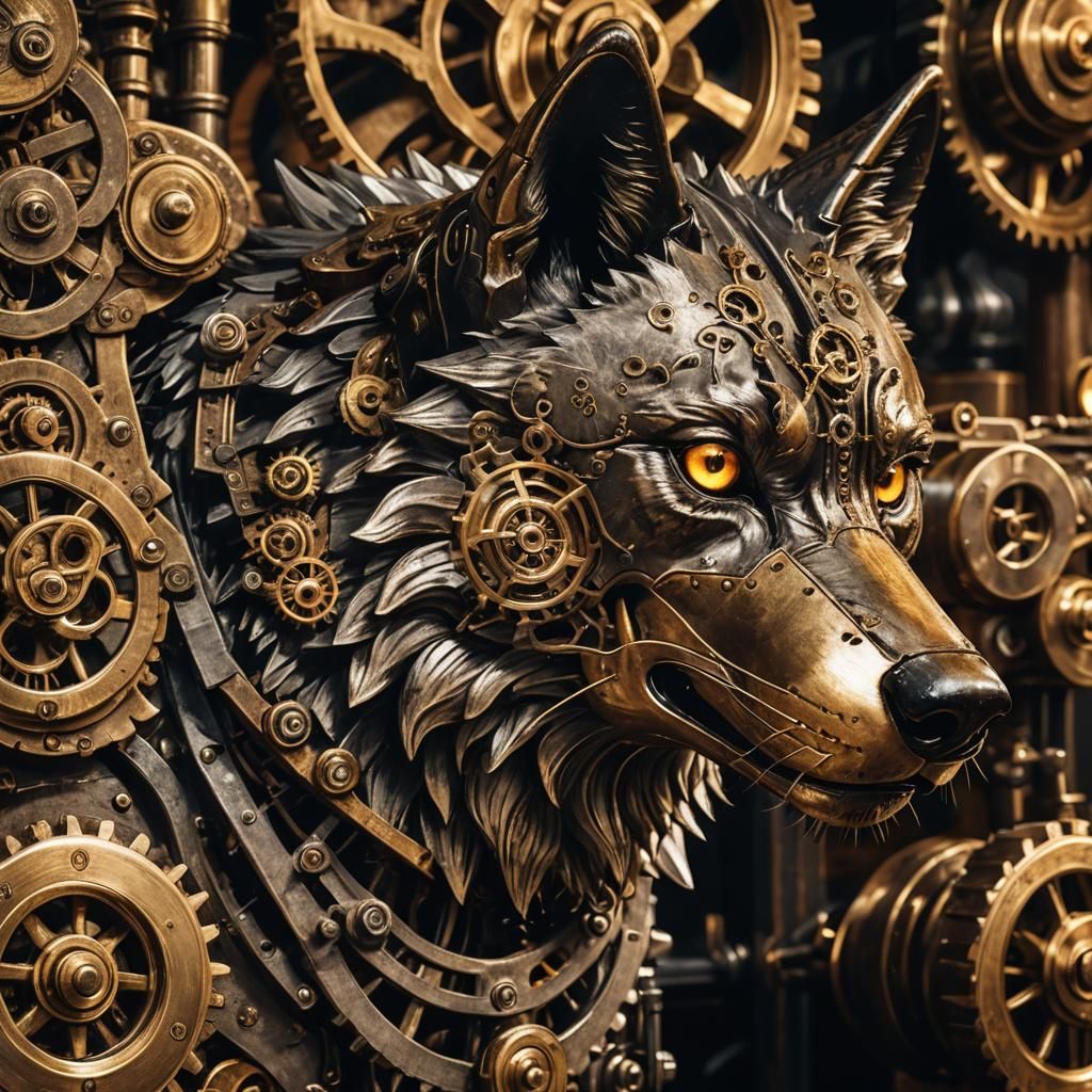 Steampunk Wolf and Engine in Dimly Lit Room