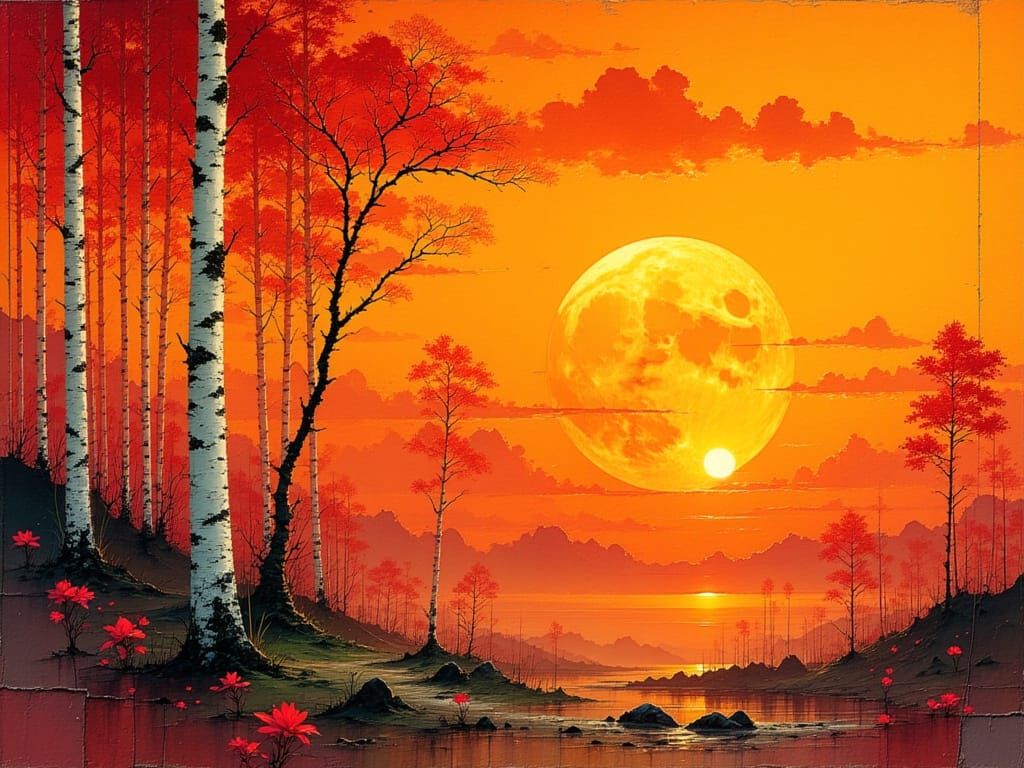 Forest Sunset with Birch Trees in Digital Art Style