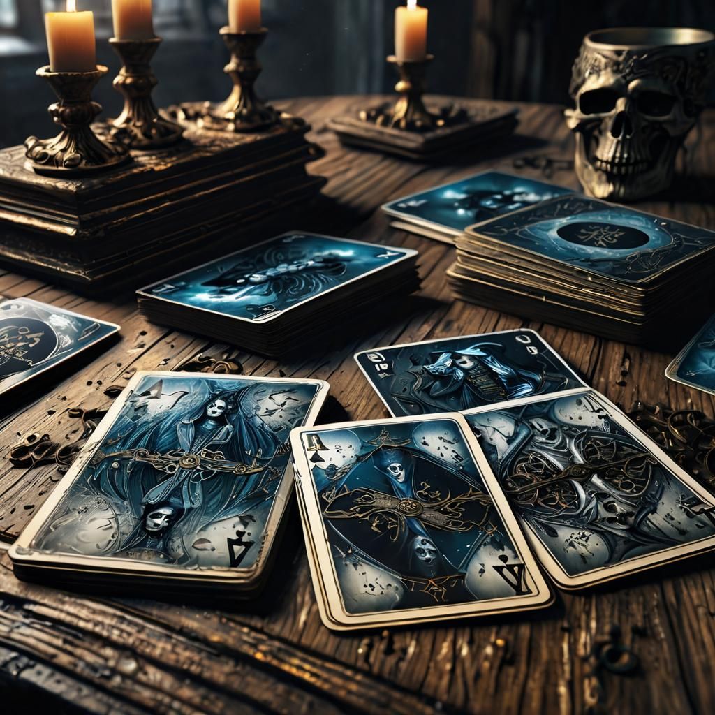 Eerie Cards on Ancient Table in Dark Fantasy Style