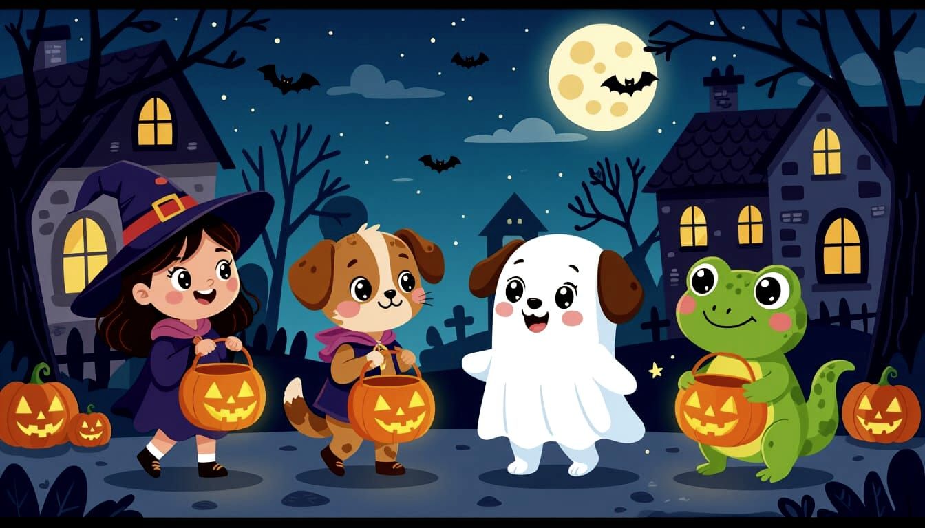 Adorable Cartoon Halloween Trick-Or-Treaters in Costume