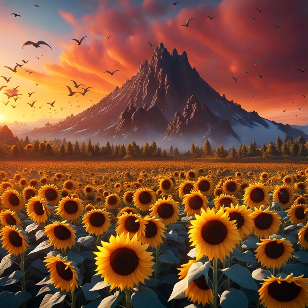 Vibrant Sky Over Sunflower Field: Fantasy Concept Art