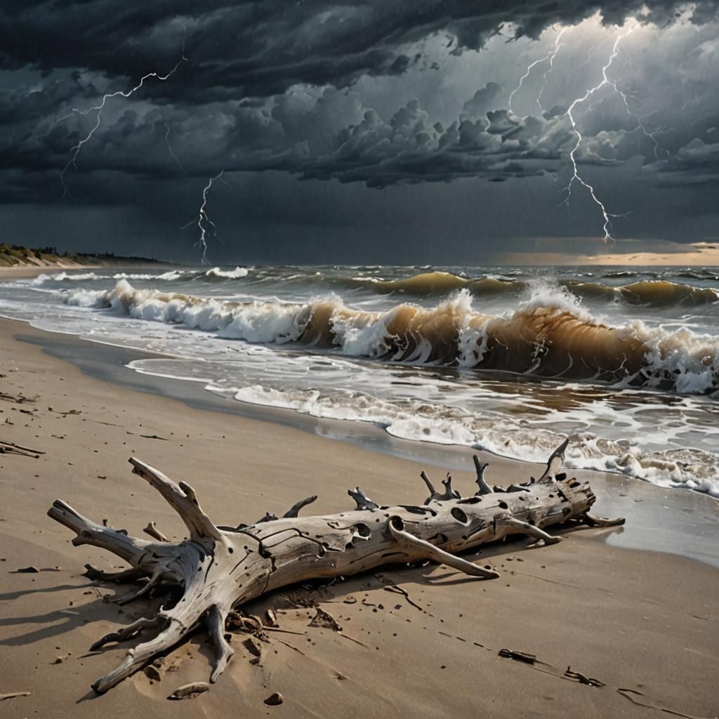 Stormy Seascape: Driftwood in Moody Oil Painting