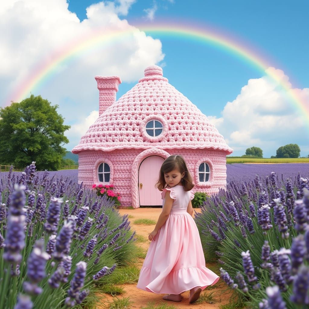 Whimsical Crochet House in Lavender Farm with Little Girl in...