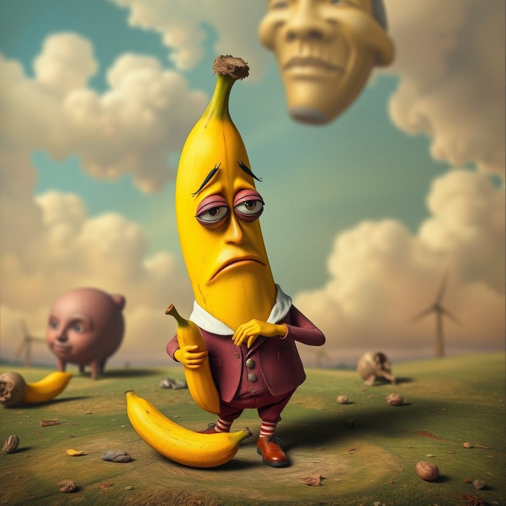 A surreal banana with a whimsically bored face peeling a banana