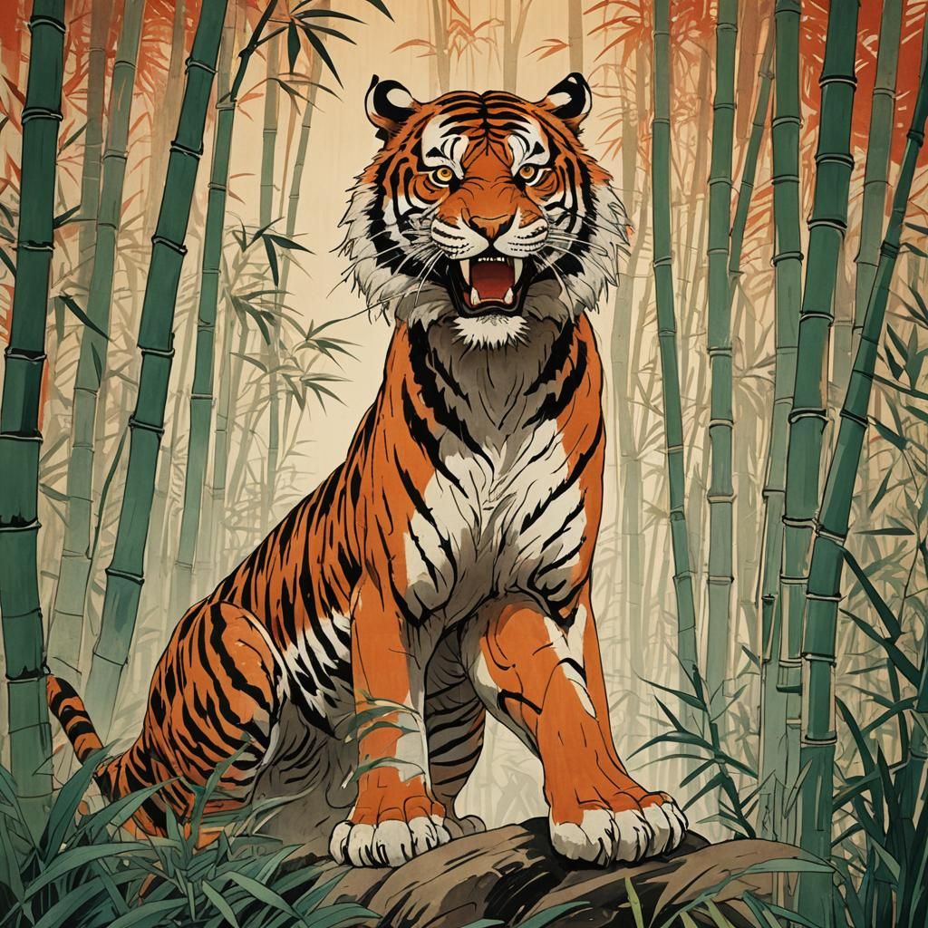 Majestic Tiger Roaring in Bamboo Forest, Ukiyo-e Style