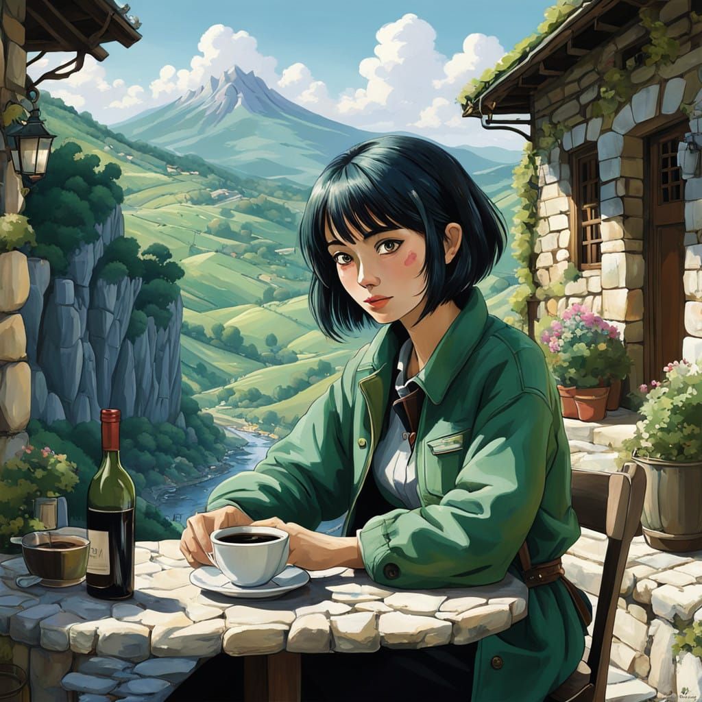 Serenely Sipping Wine in the Italian Countryside, Anime Styl...
