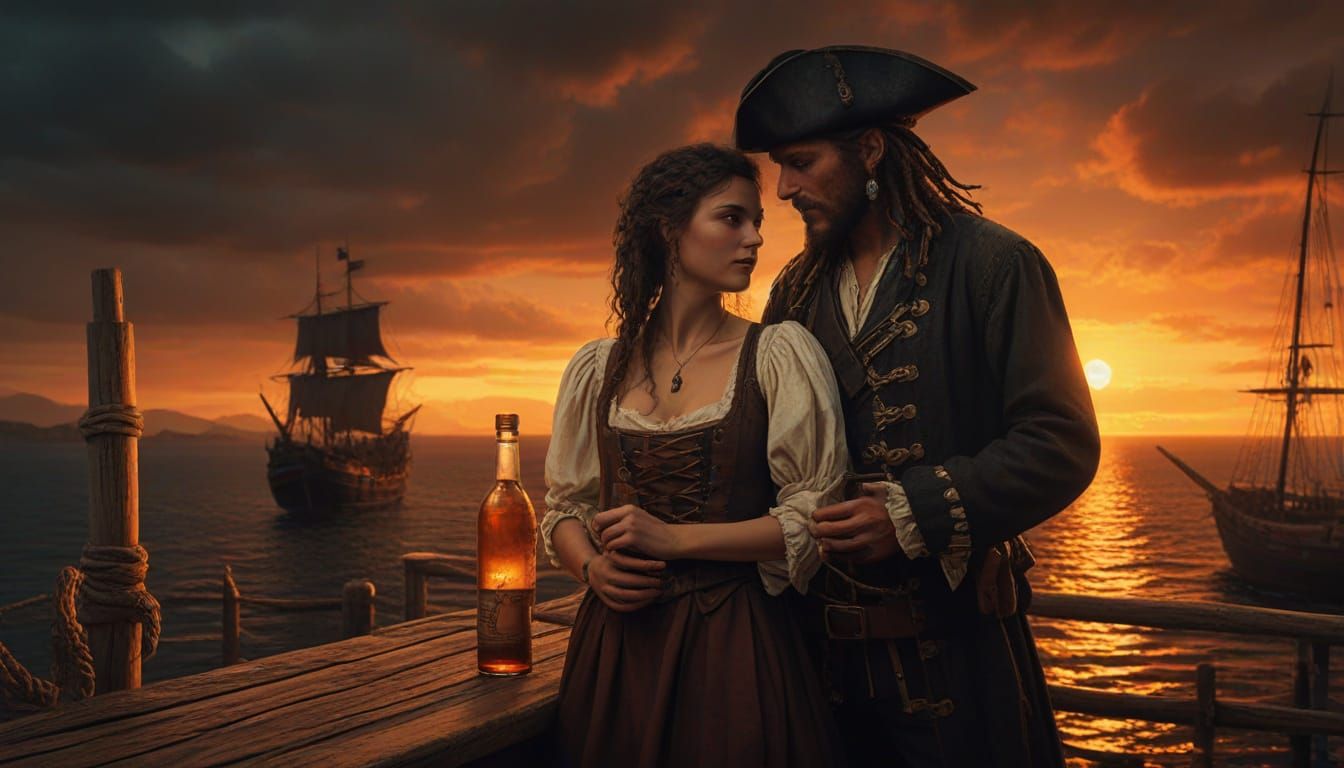 Pirate and Barmaid Embrace at Sunset: Romantic Realism