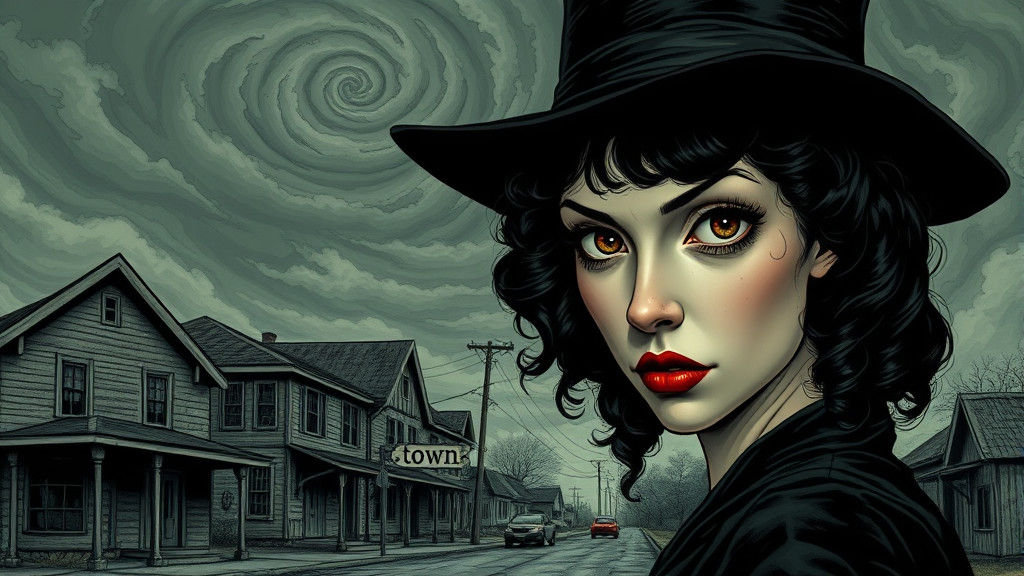 Mysterious Woman in Noir Townscape, HR Giger and Moebius Sty...