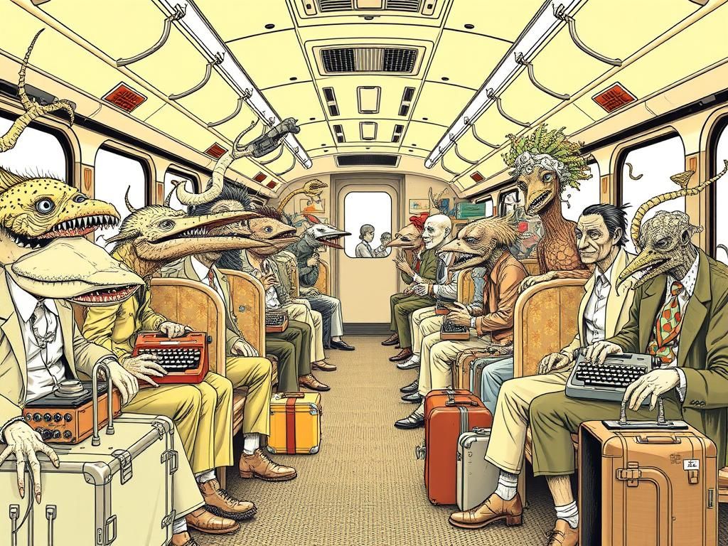 Grotesque Creatures on Train in Deranged Comic Art